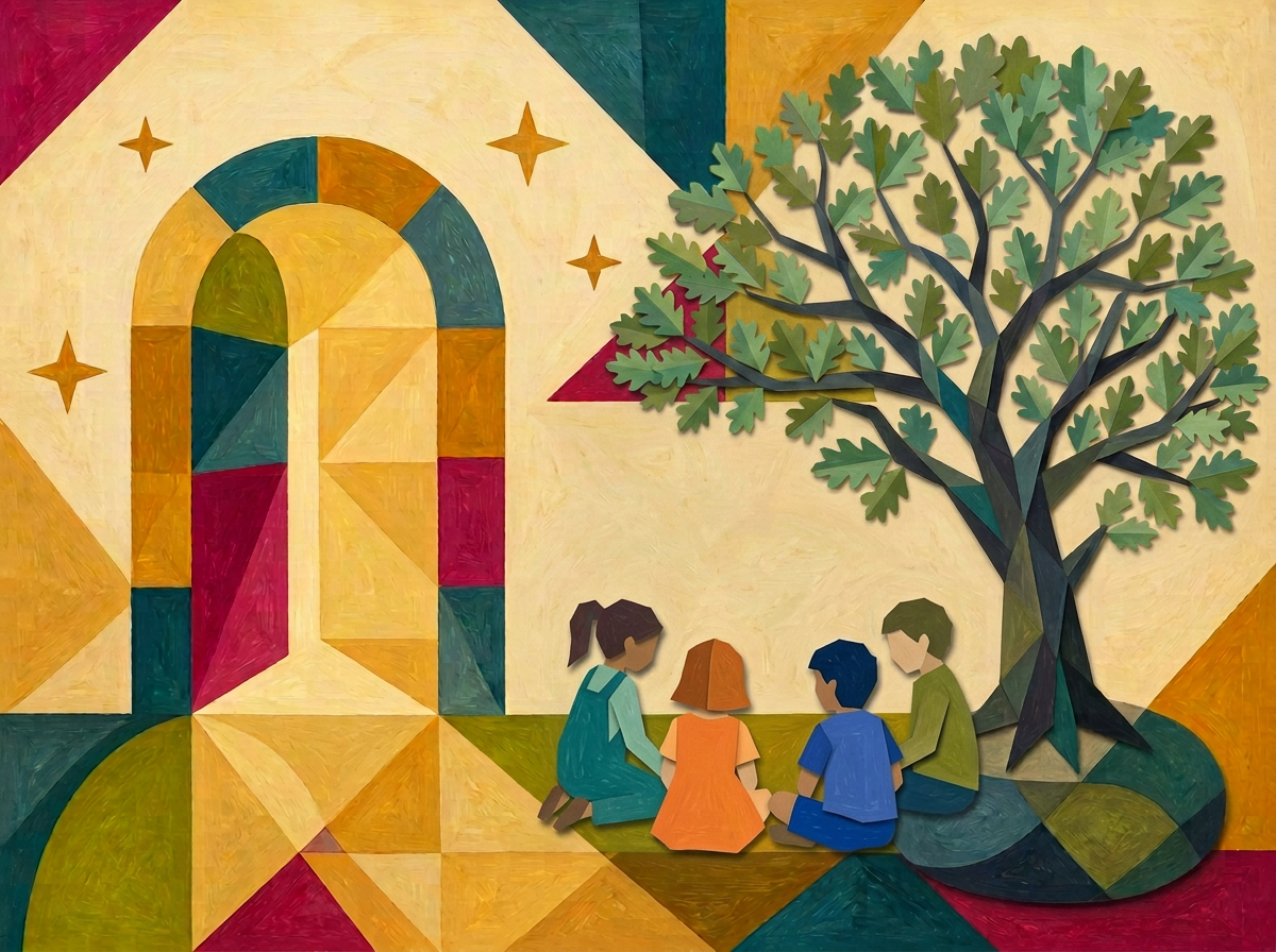 Paper-cut style illustration of an open arched doorway with warm light, a California live oak tree with children gathered beneath it, and small stars